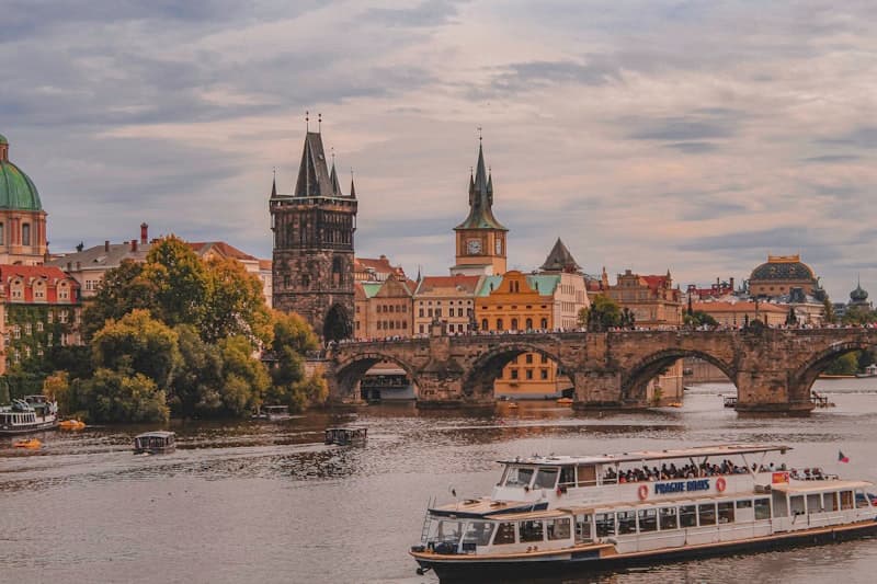 Charles Bridge and the Vltava with a boat