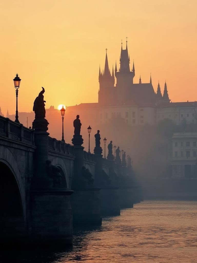 Charles Bridge at sunset, silhouette